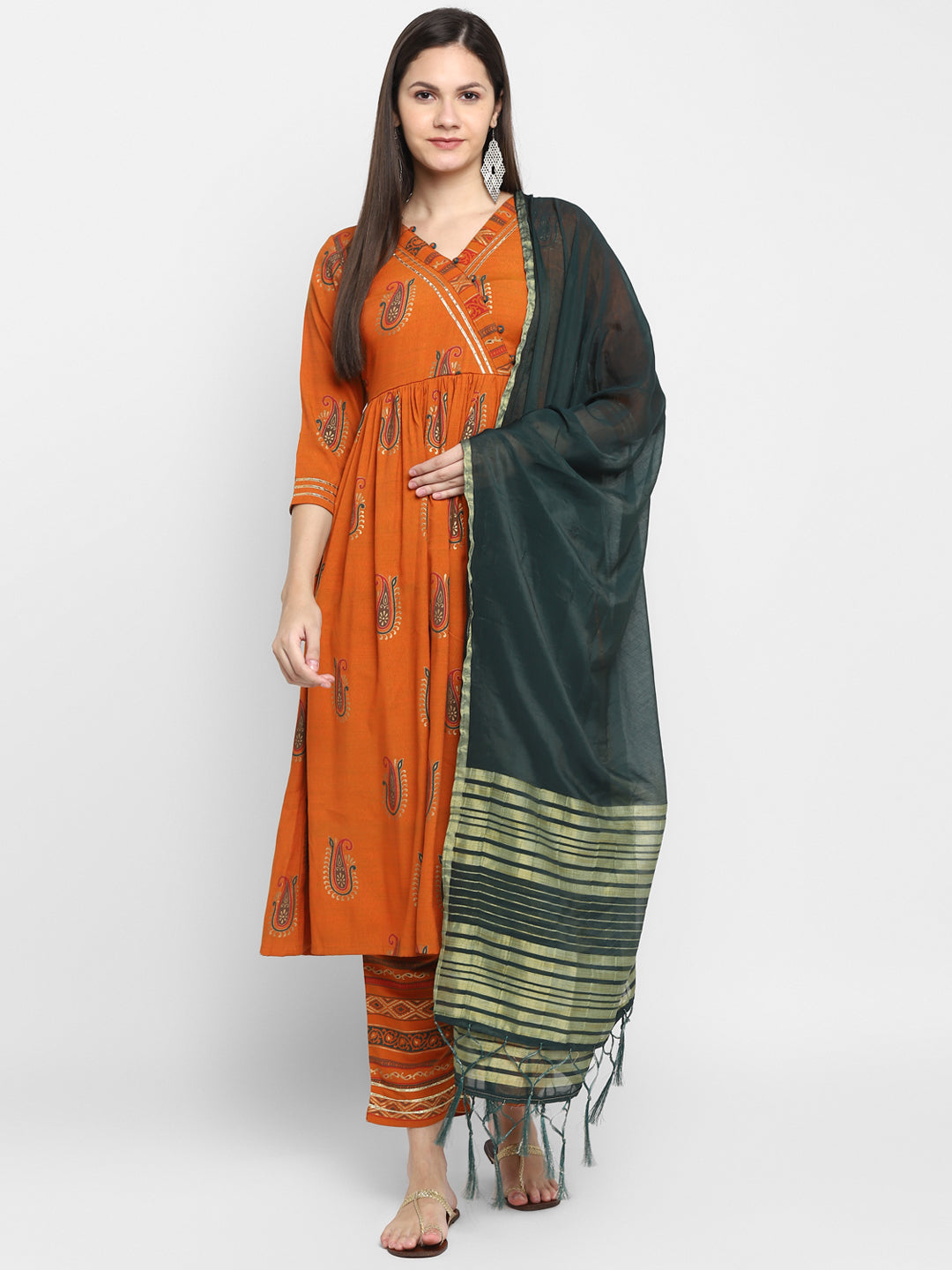 Women's Orange Color Rayon Blend Liquid Gold Printed Kurta Pant Set With Dupatta  - Vaaba