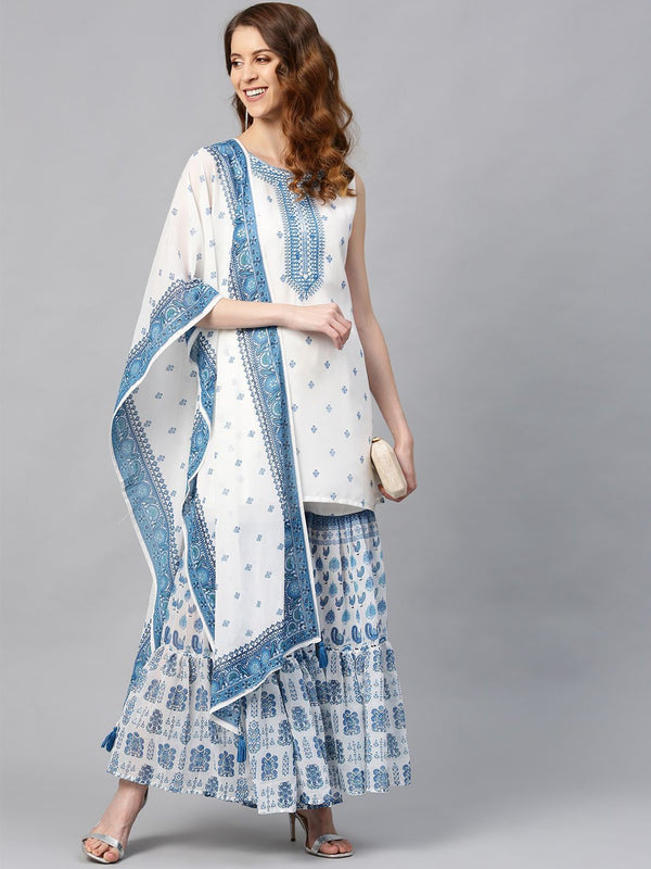 Women's Georgette Printed Straight Kurta Sharara Dupatta Set - Juniper