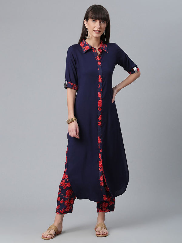 Navy Blue Solid Rayon Kurta with Printed Pant Set