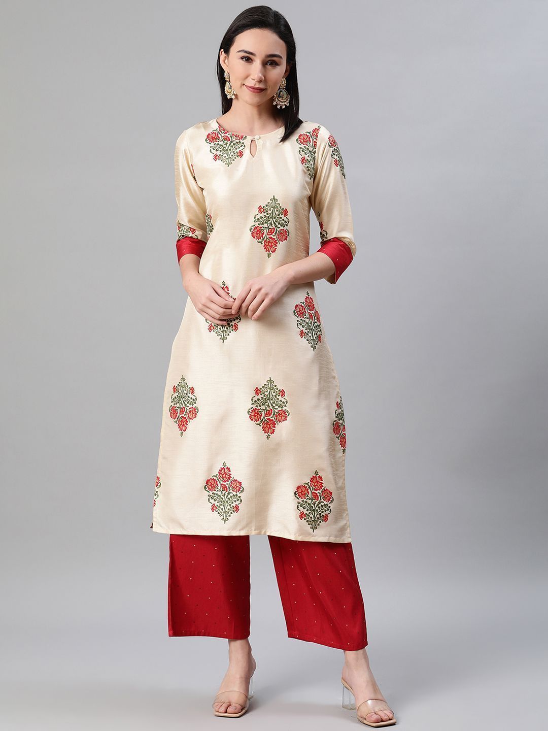 Women Beige Kurta And Palazzo Set by Ziyaa (2 Pc Set)