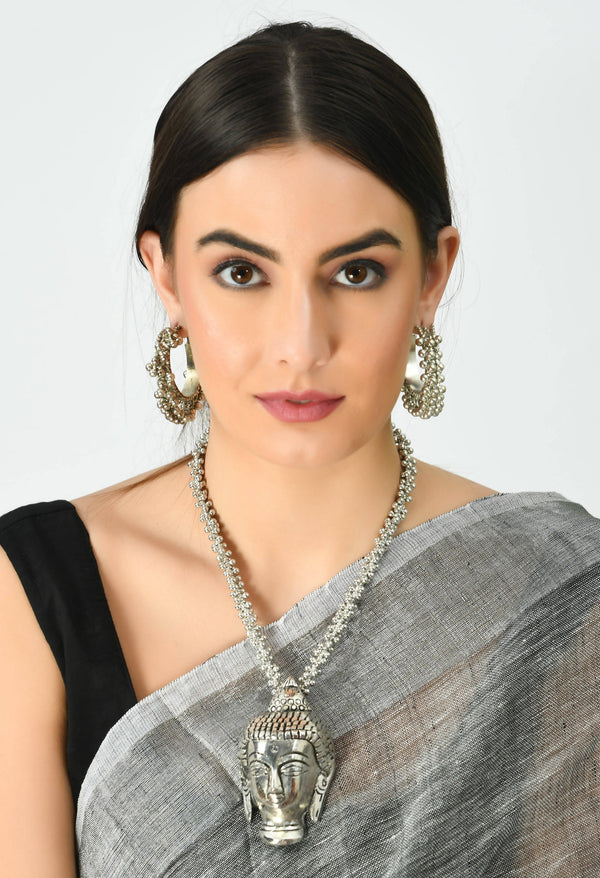 Johar Kamal German Silver Oxidised Budha Necklace with Earrings Jkms_145