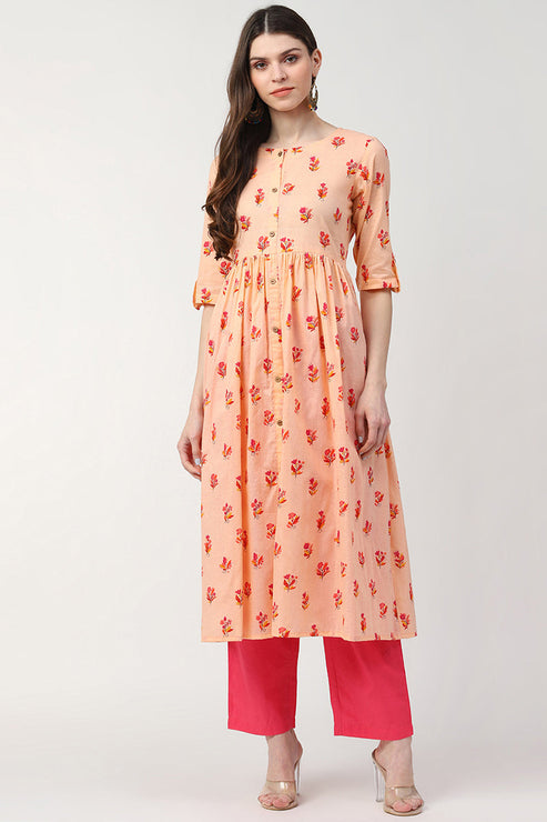 Peach Cotton Ethnic Motifs Printed A Line Kurti - Ahika