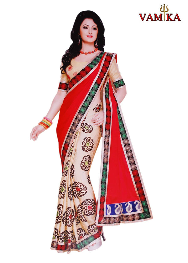 Women's Vamika Moss Printed Red & Cream Half & Half Saree - Vamika