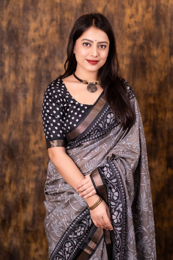 Women's Grey Cotton Crepe Printed Saree - A2M