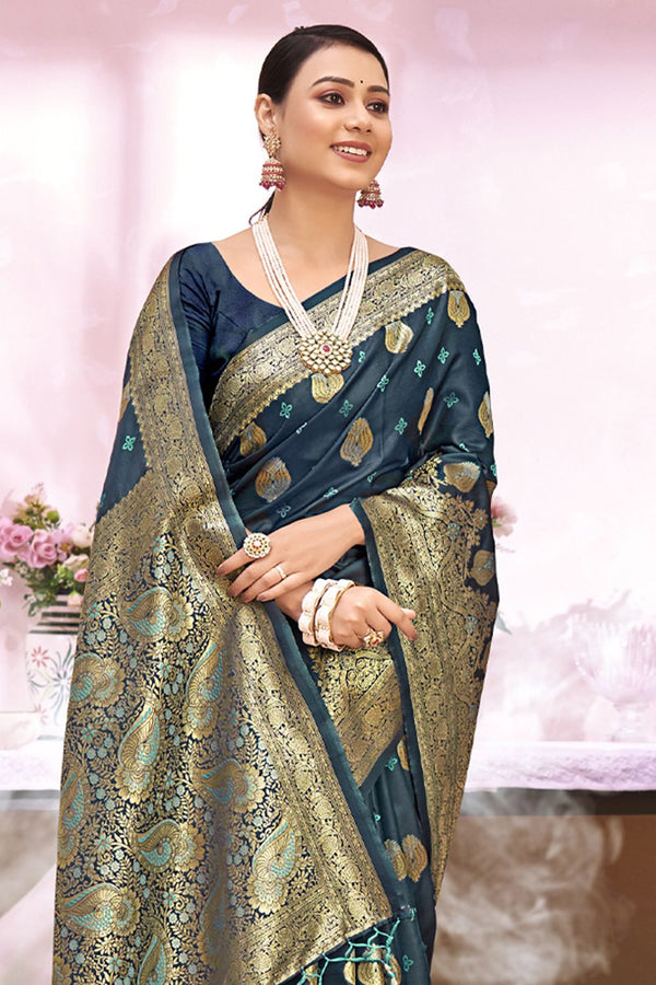 Women's Sea Green Silk Woven Zari Work Traditional Tassle Saree - Sangam Prints