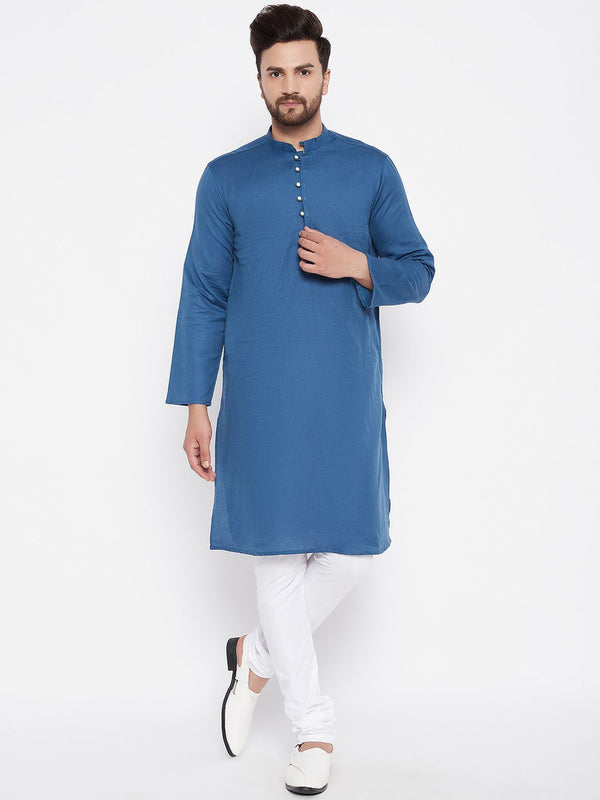 Men's Woven Design Blue Straight Kurta - Even Apparels