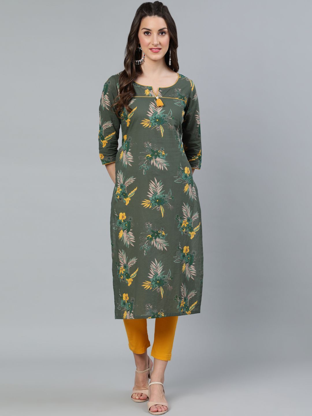 Women's Green Floral Printed Straight Kurta - AKS