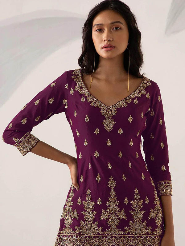 Women's Violet Embroidered Sharara Kurta Set - Odette