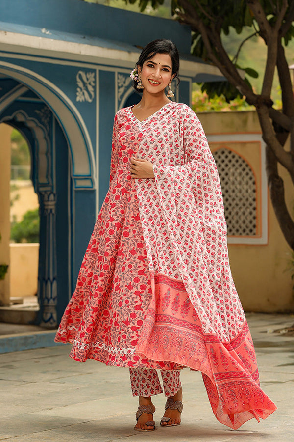 Women's Cotton Pink Ethnic Motifs Printed Anarkali Kurta Pants And Dupatta Set - Ahika