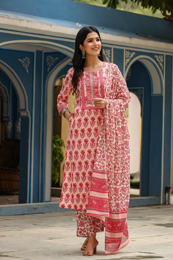 Women's Cotton Blend Printed Kurta Pant Dupatta Set - Ahika