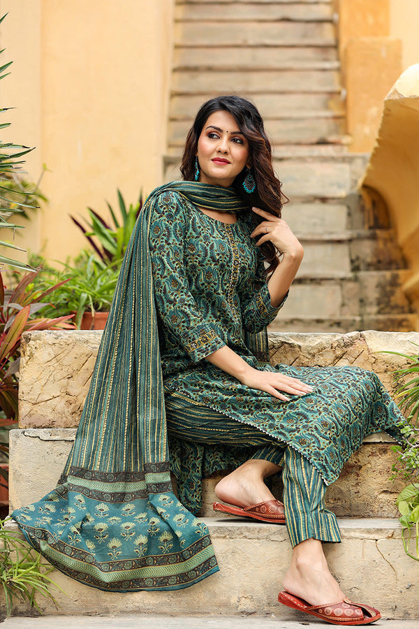 Women's Cotton Blend Printed Kurta Pant Dupatta Set - Ahika