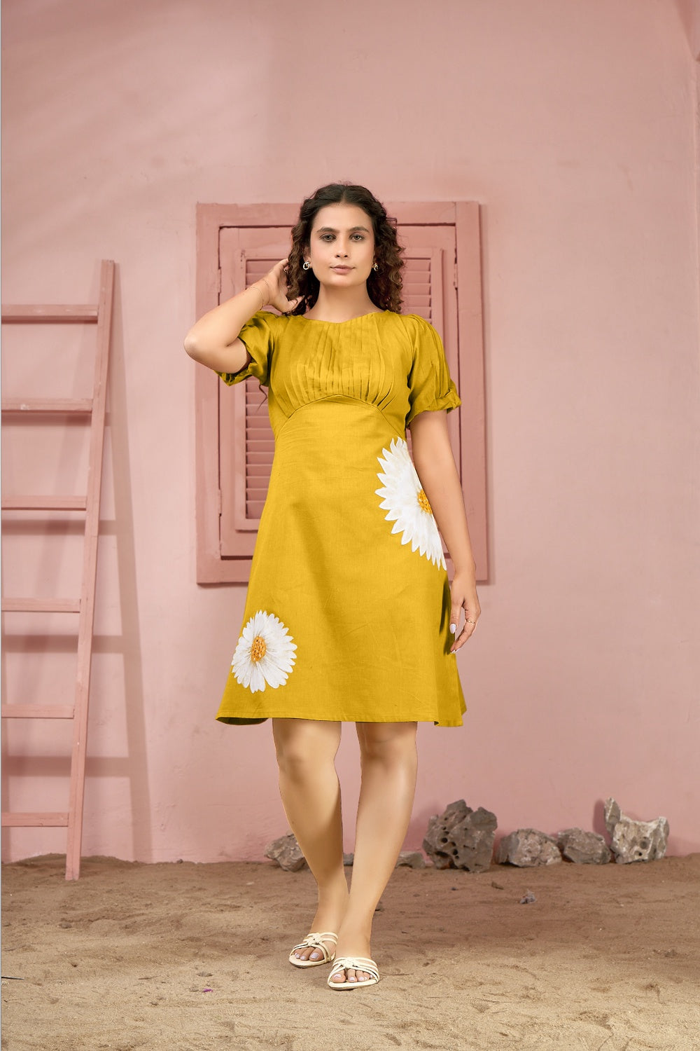 Women's Plus Size Summer Wear Yellow Hand Painted Quirky A Line Knee Length Dress - Curvy Lane