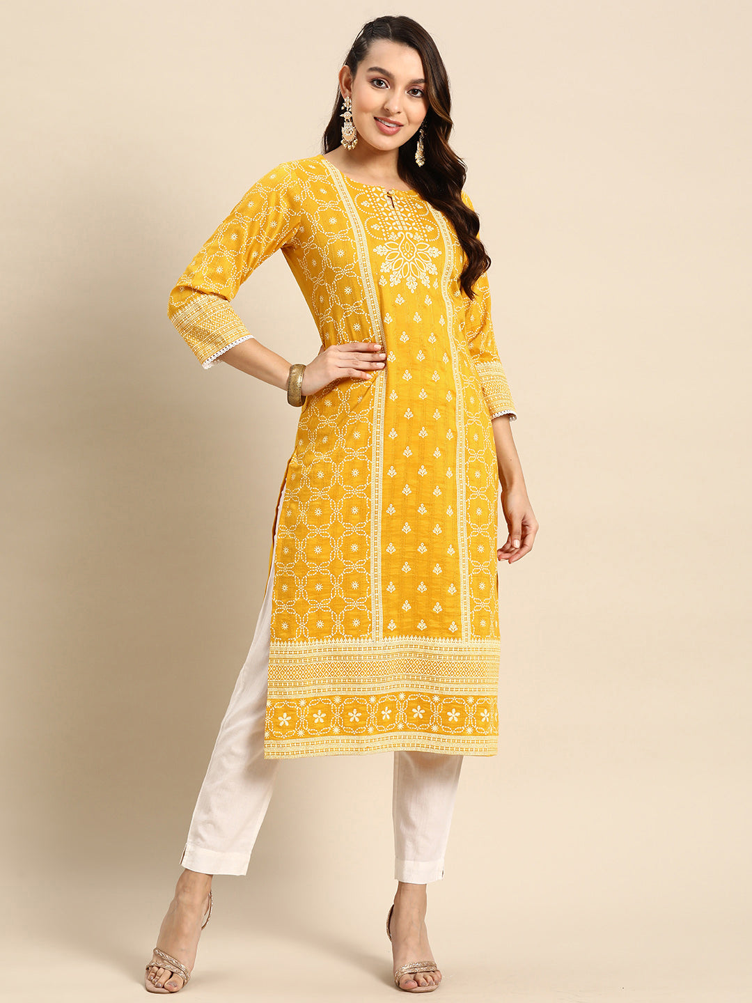 Women's Yellow Poly Cotton Floral Printed Kurta - Navyaa