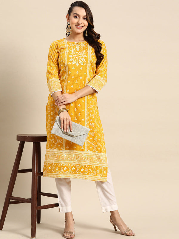 Women's Yellow Poly Cotton Floral Printed Kurta - Navyaa