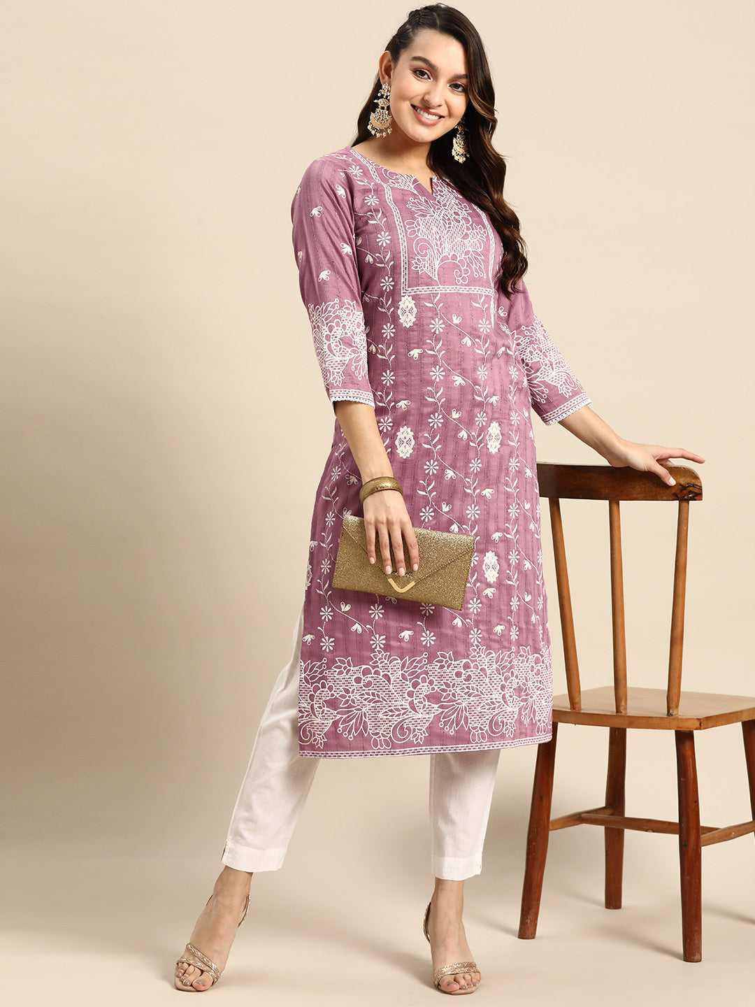 Women's Purple Poly Cotton Floral Printed Kurta - Navyaa