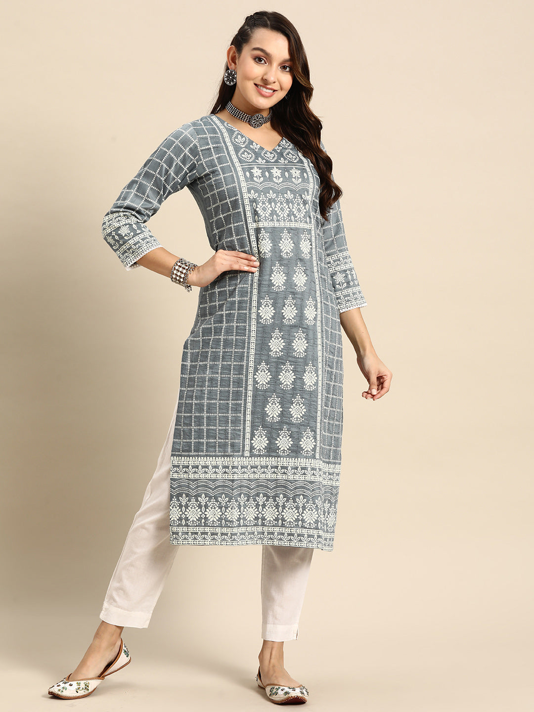 Women's Grey Poly Cotton Floral Printed Kurta - Navyaa