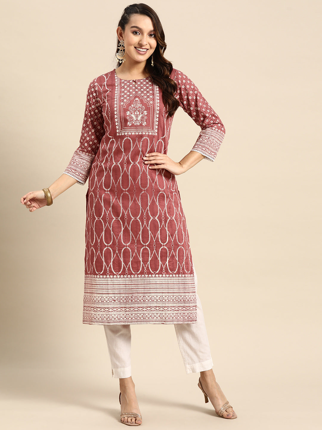 Women's Peach Poly Cotton Floral Printed Kurta - Navyaa