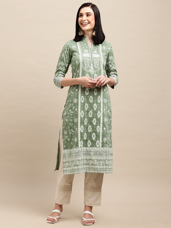 Women's Green Poly Cotton Floral Printed Kurta - Navyaa