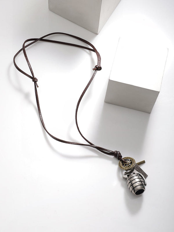 Voguish Men Grenade Pendant With Brown Lather Adjustable Necklace.