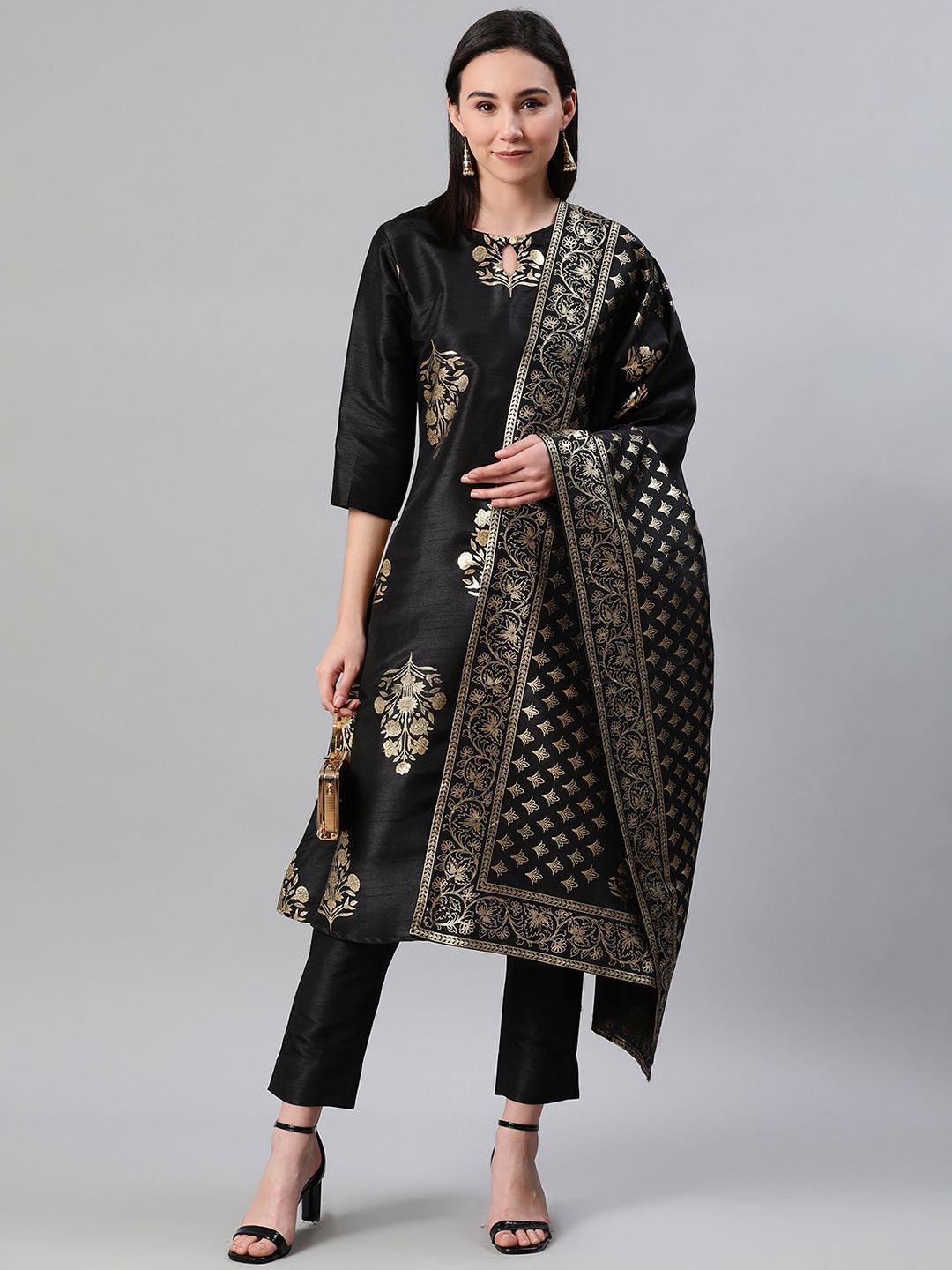 Women's Black Color Foil Print Flared Kurta,Pant And Dupatta Set - Ziyaa