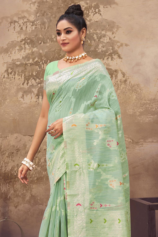 Women's Light Green Cotton Silk Woven Zari Work Traditional Saree - Sangam Prints