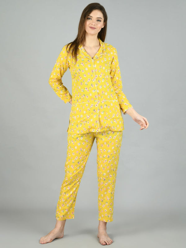 Women's Yellow Cotton Printed Full Sleeve Shirt Collar Casual Shirt Pyjama Set - Myshka