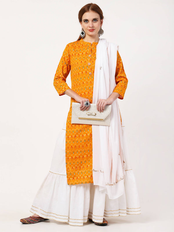 Women's Yellow & White Cotton Flex Kurta With Skirt & Embroidered Dupatta Set - Cheera