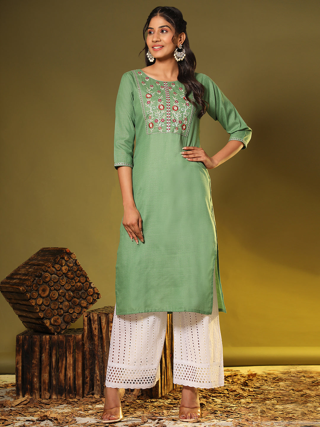 Women's Embroidered Straight Cotton Blend Green Stitched Kurta - Vbuyz