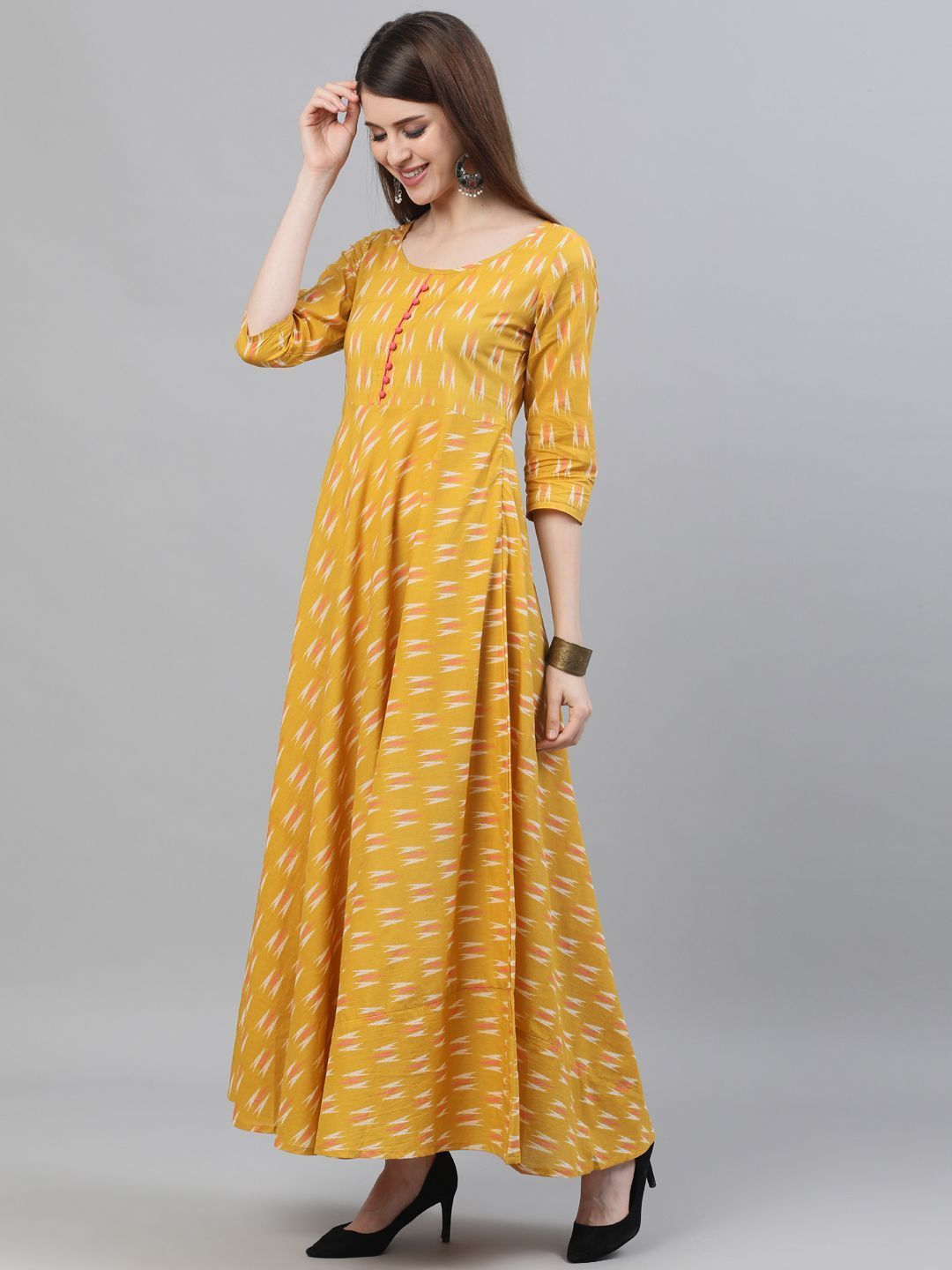 Women's Yellow Ikat Printed Flared Maxi Dress - AKS