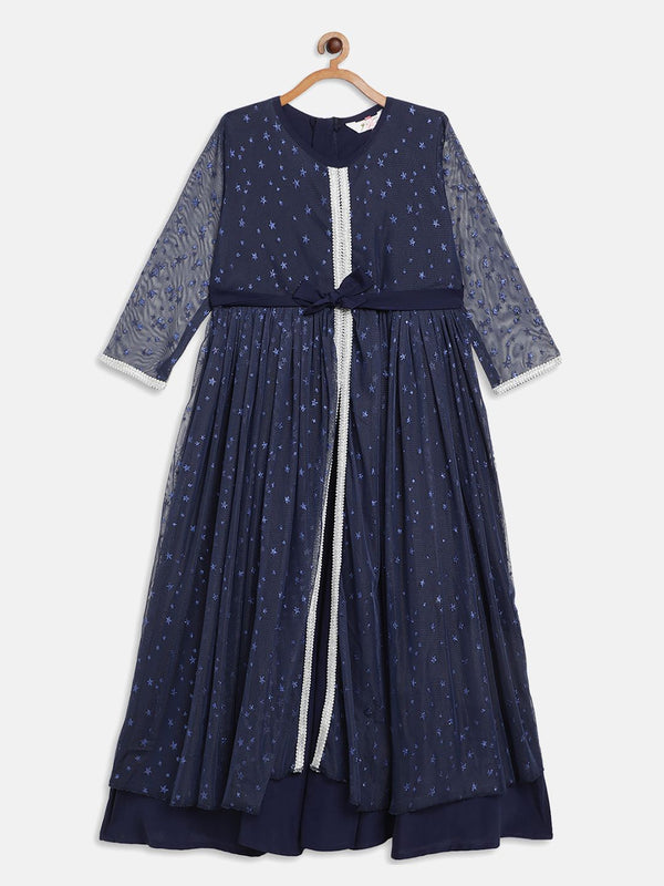 Navy Blue Net Foil Print Girls Dress