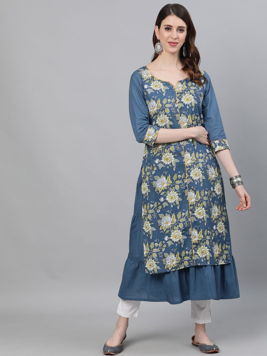 Women's Blue & Yellow Floral Printed Double Layered Kurta - AKS