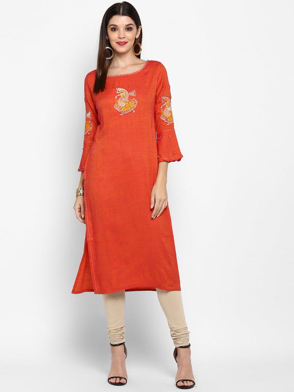 Women's Orange Color Rayon Straight Kurta  (1Pc) - Vbuyz