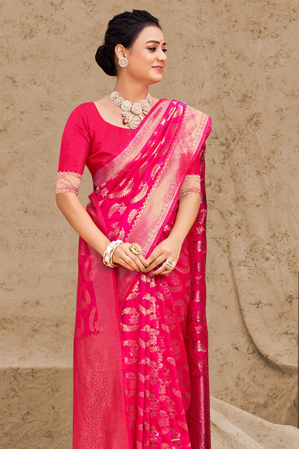 Women's Pink Silk Woven Zari Work Traditional Tassle Saree - Sangam Prints