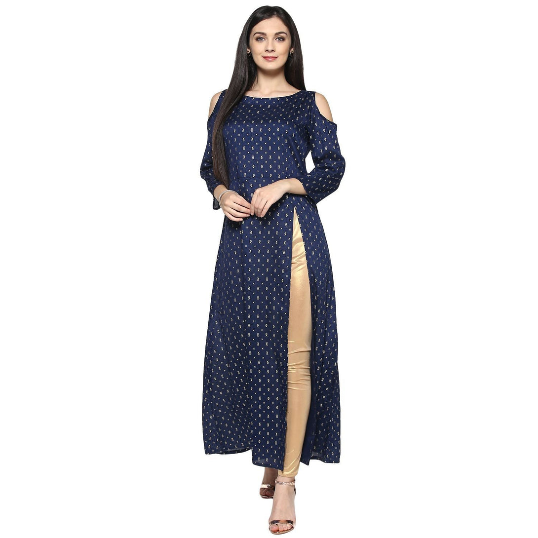 Women's Blue Colour Foil Printed Flared Poly Silk Kurta - Ziyaa