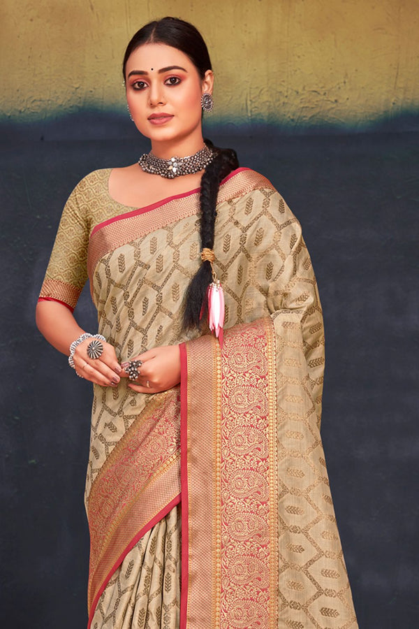 Women's Cream Cotton Woven Zari Work Traditional Saree - Sangam Prints