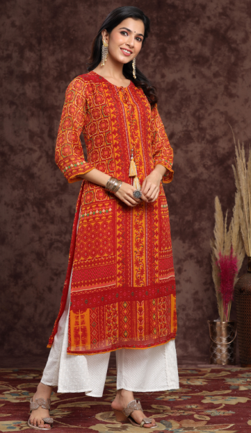 Women's Mustard Chiffon Printed Straight Kurta - Juniper