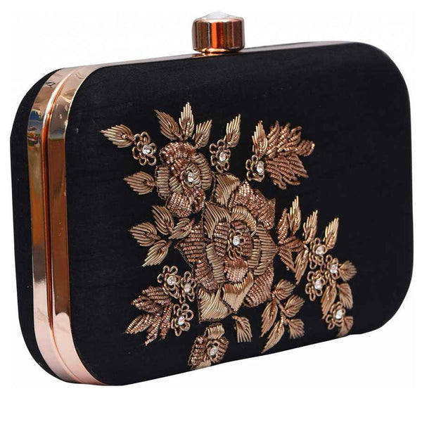 Women's Black Color Adorn Embroidered & Embelished Party Clutch - VASTANS