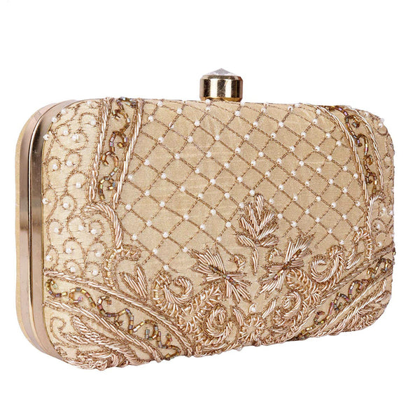 Women's Gold Color Adorn Embroidered & Embelished Party Clutch - VASTANS