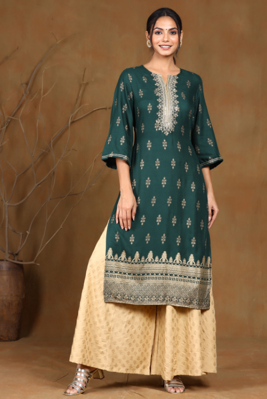 Women's Jadegreen Rayon Moss Printed Straight Kurta - Juniper