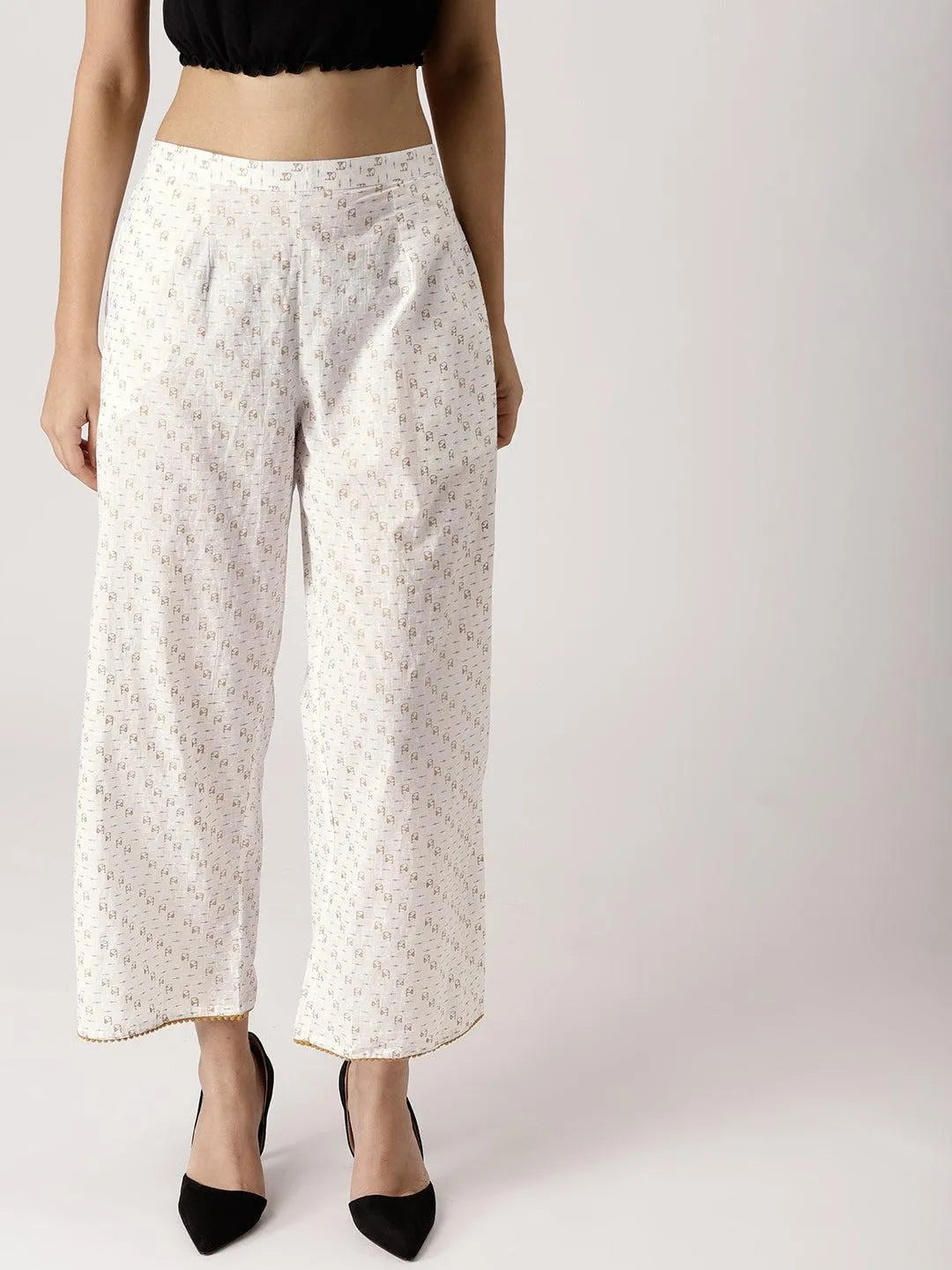 White Abstract Cotton Palazzos - Jashvi