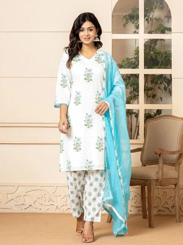 White And  Sky Blue Cotton Floral Print Kurta Dupatta Set