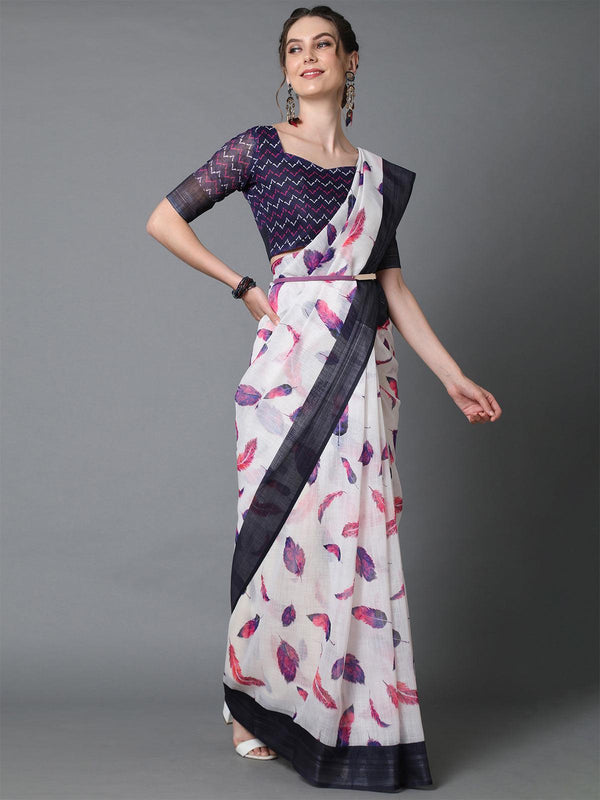 Women's White & Pink Casual Linen Printed Saree With Unstitched Blouse - Odette