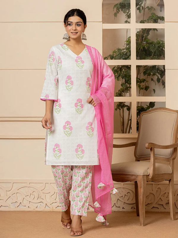 White And Pink Cotton Floral Print Kurta Dupatta Set