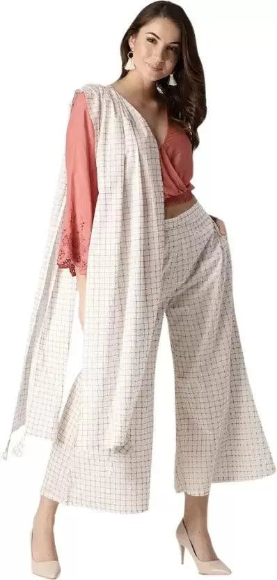 White Checkered Cotton Palazzos With Stole - Jashvi