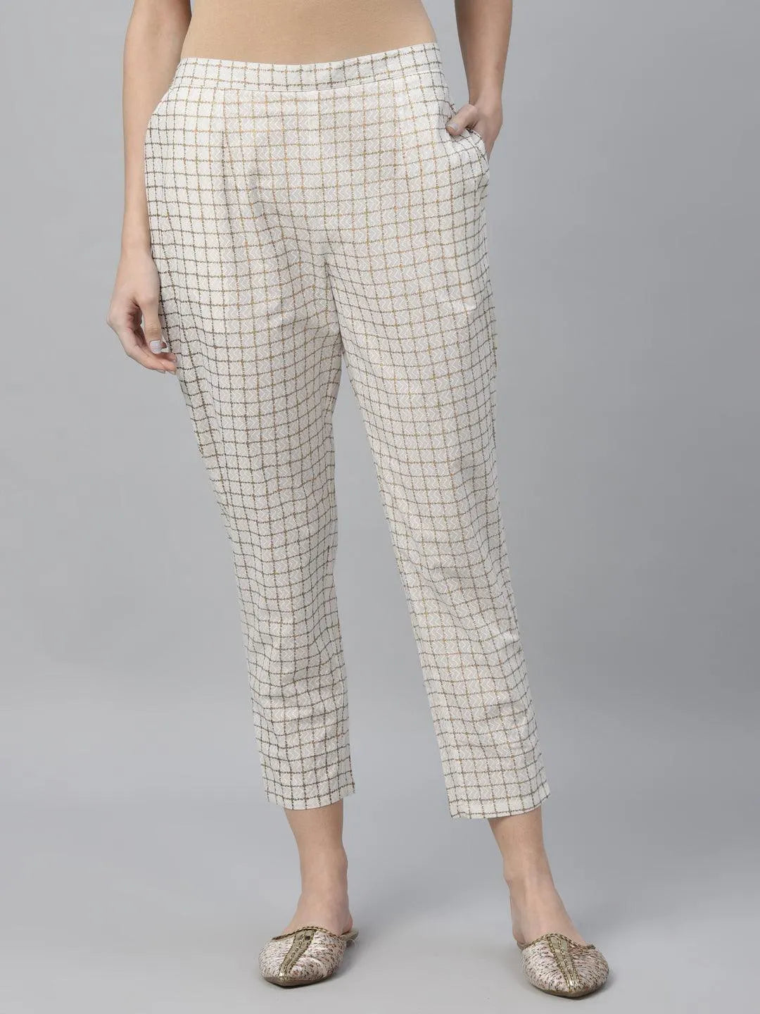 White Checkered Cotton Trousers - Jashvi