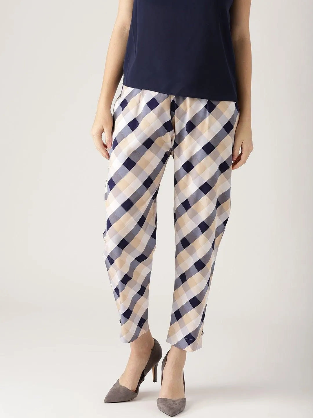 White Checkered Polyester Trousers - Jashvi