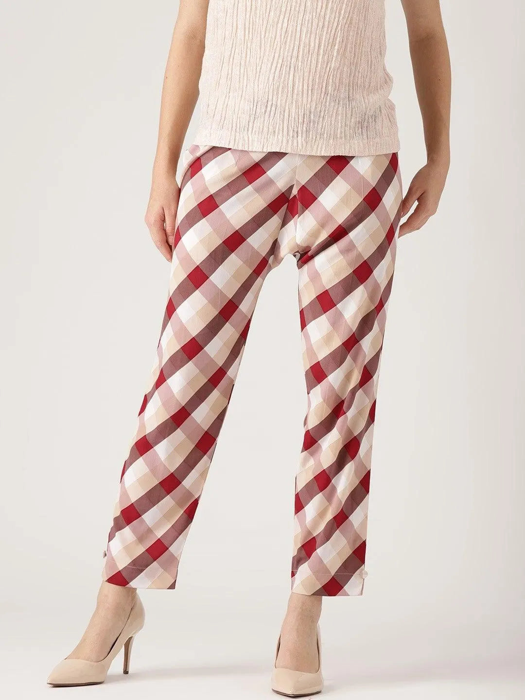 White Checkered Polyester Trousers - Jashvi