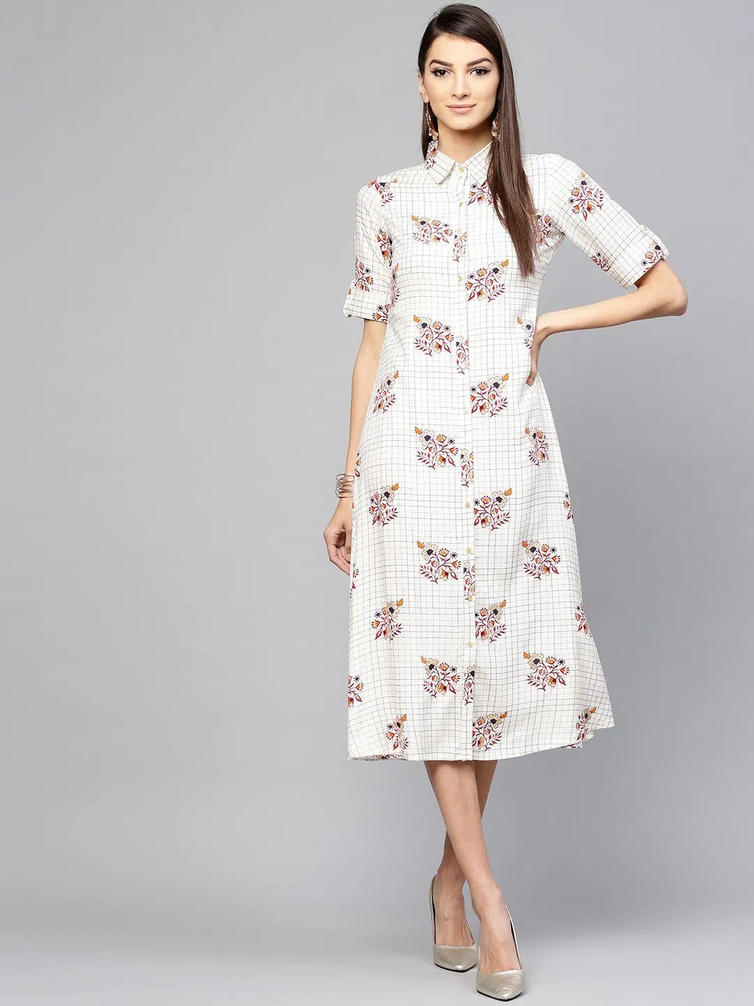 White Checkered Rayon Dress - Jashvi