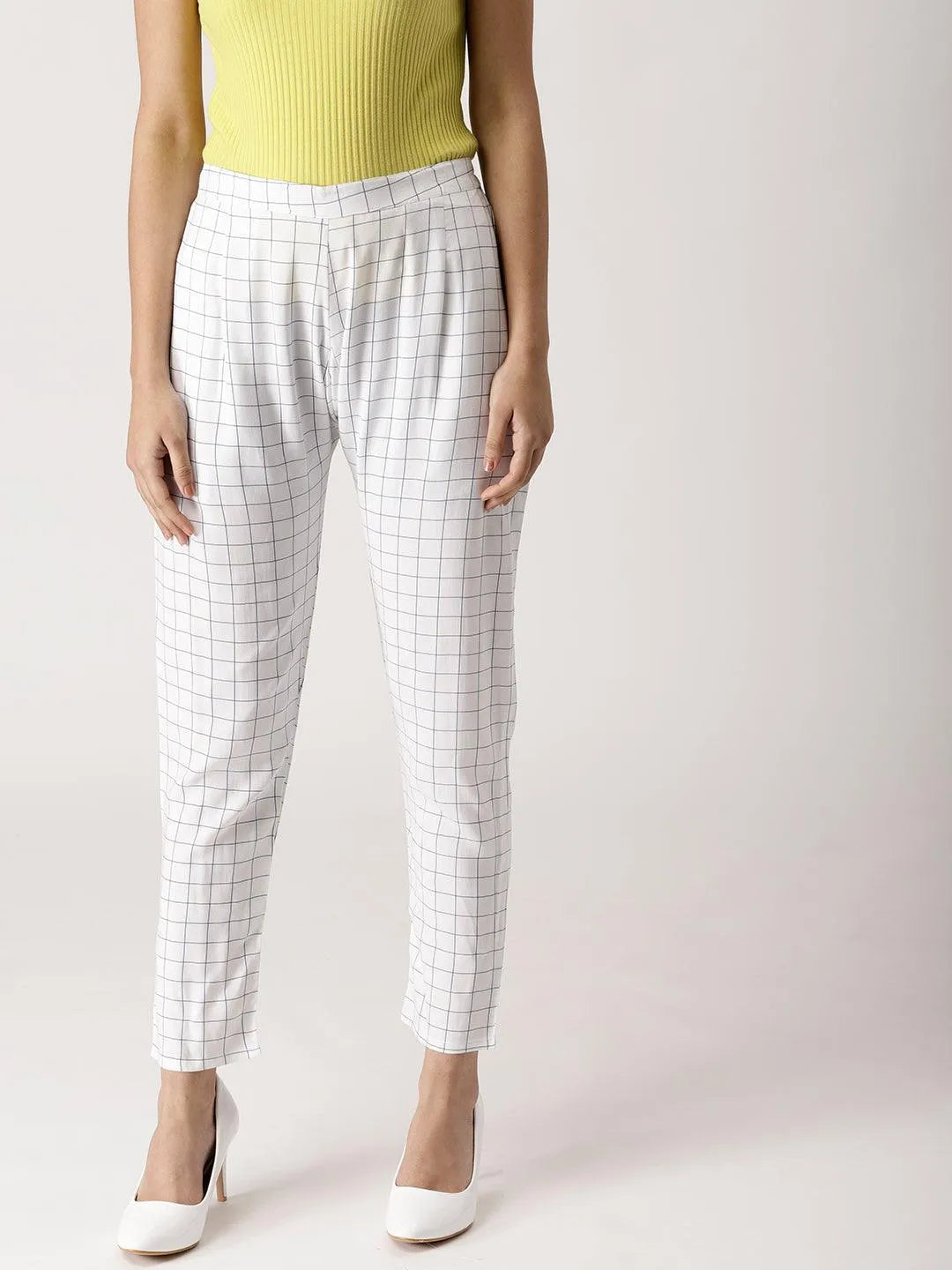 White Checkered Rayon Trousers - Jashvi