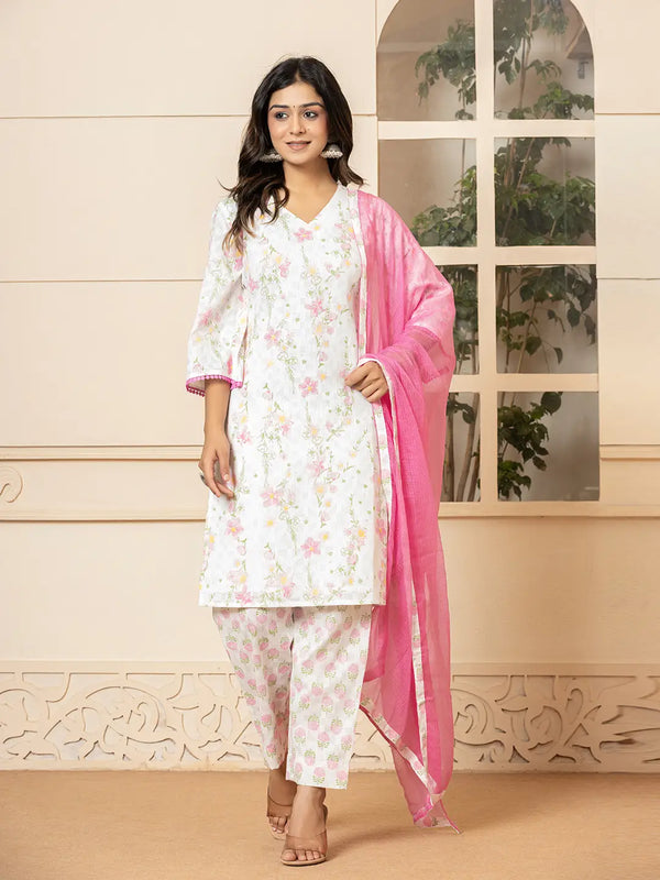 White Cotton Floral Print Kurta Dupatta Set